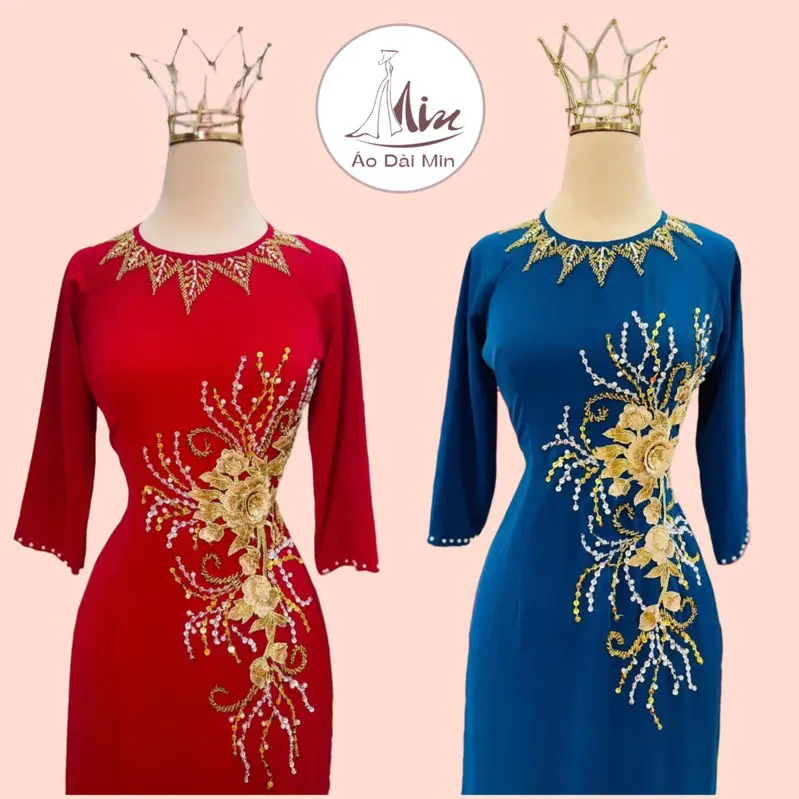 Áo Dài Lụa Mỹ Cổ Tròn Tay Lỡ Đính 1 Hoa Nhiều Màu M005