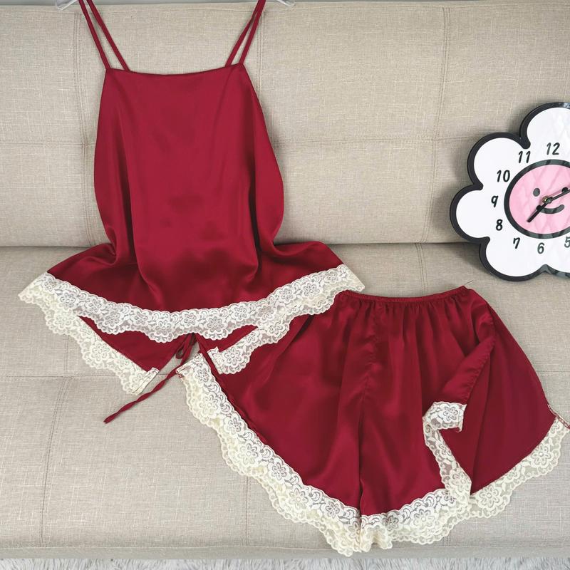 Freesize 65Kg-90Kg Set Yếm Ngủ Cho Nữ Vải Lụa Satin Trơn Phối Ren Cột Dây Chéo Hở Lưng Không Mút Quần Xẻ Cao Hở Đùi Quần Ngủ Áo Ngủ Women