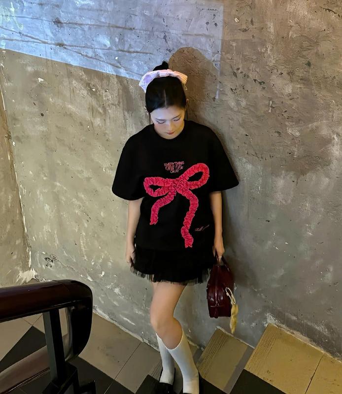 Áo cổ tròn thêu nổi nơ rúm chất cotton   form 40_65kg phong cách hàn quốc top women nữ  thun nỉ 5