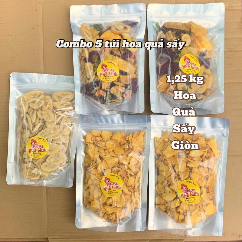 combo 2 [1,25kg] : 2 túi mít sấy vụn , 2 túi thập cẩm sấy , 1 túi chuối sấy tròn mini ( tổng 5 túi là 1,25kg ) Snack Ăn Vặt Thức Ăn
