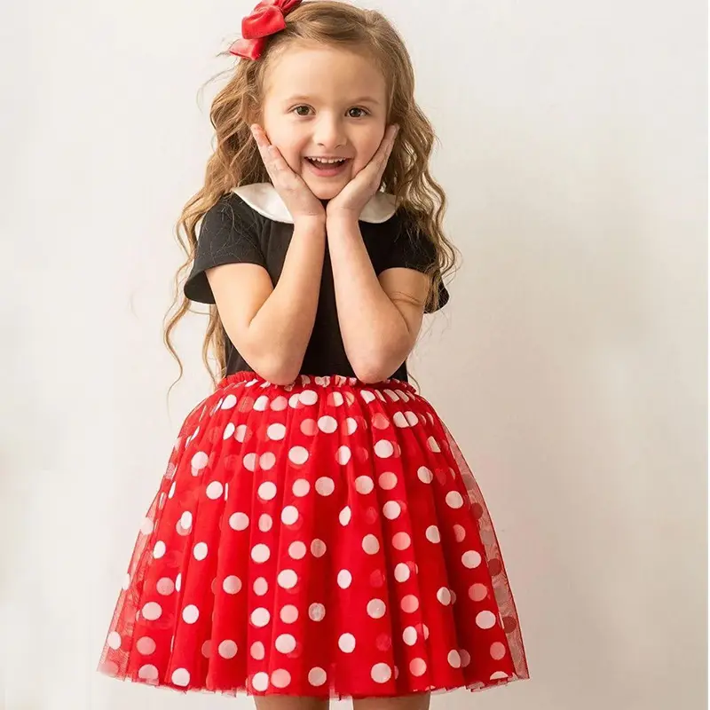 Short Sleeve Doll Collar Red Polka Dot Mesh Princess Dress, Pink Mouse Dress Minnie Cute Dress