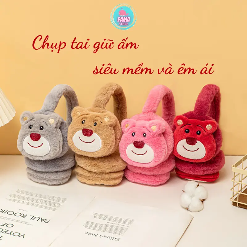 Chụp tai giữ ấm mùa đông gấu dâu vải tuyết nhung siêu mềm, tai nghe giữ ấm từ 4 tuổi trở lên BT01