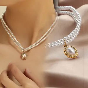 Minzo Kalung Wanita Korea Mutiara Pearl 2 Layer Aksesoris Perhiasan Bahan Alloy