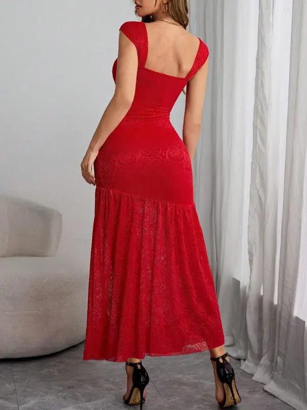 Women's Plain Floral Print Contrast Mesh Semi-sheer Mermaid Dress, Formal Elegant Backless Midi Dress for Party Club Dating Wear, Ladies Summer Clothes, Summer Dresses 2025, Womenswear 4