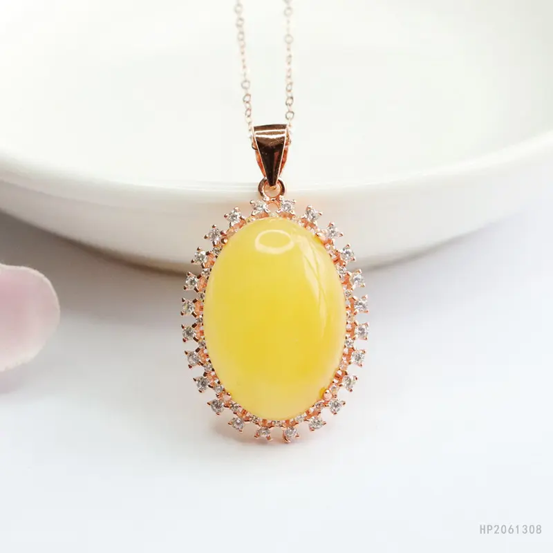 Natural Beeswax Pendant Amber Big Diamond Jewelry Women's Elegant High-End Necklace