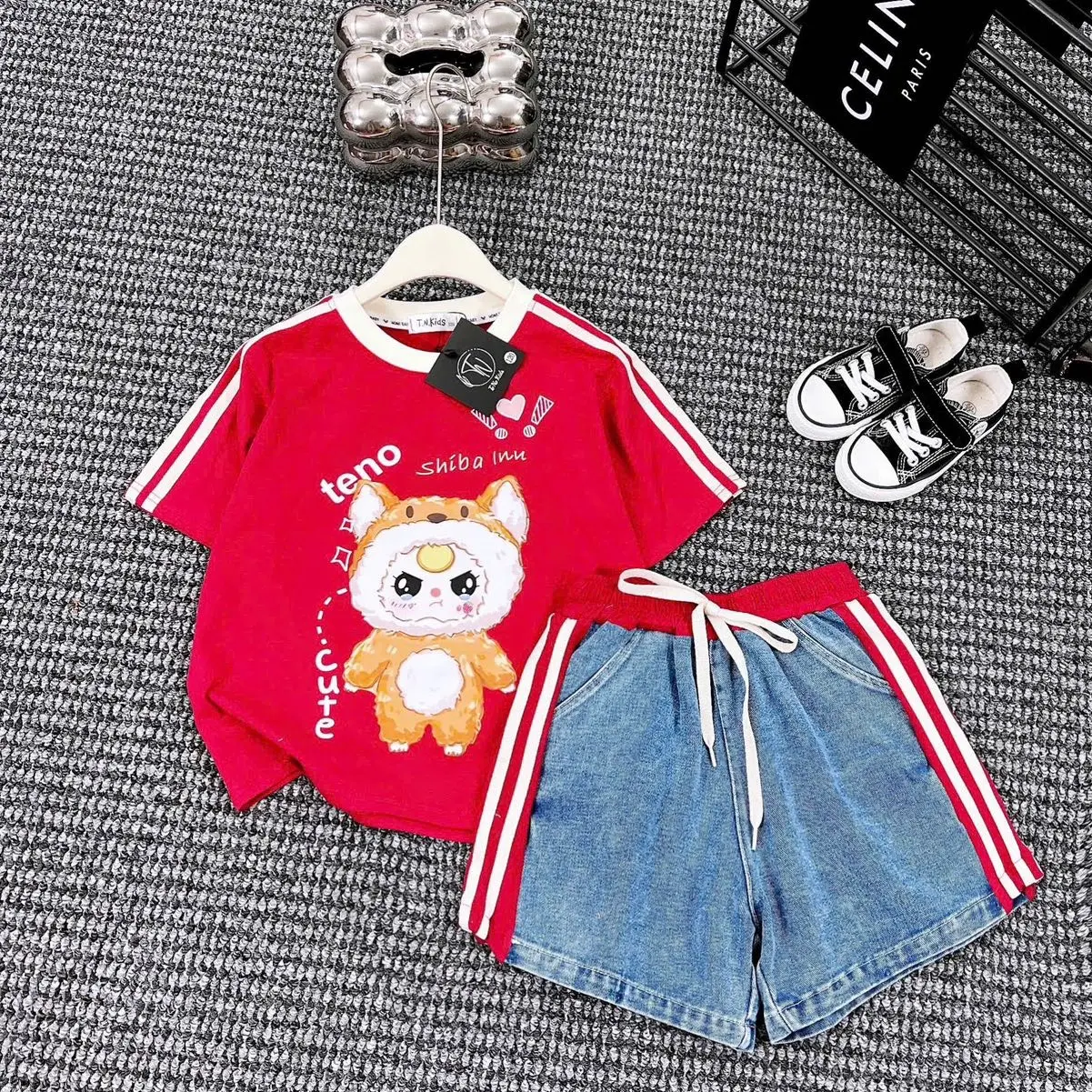 (25-53kg) bộ quần áo trẻ em , sét áo cotton baby three shiba phối quần sooc jean bé gái size đại