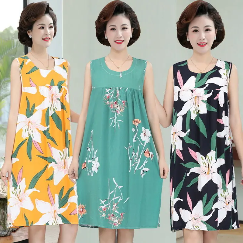 Đồ Ngủ Nữ, Hàng Mới Về Năm 2024, Váy Ngủ Cotton Nhân Tạo, Cho Mẹ Mùa Hè, Cổ Tròn, Váy Không Tay Dài Trung Bình Đồ Mặc Nhà, Làm Bằng Cotton Nhân Tạo