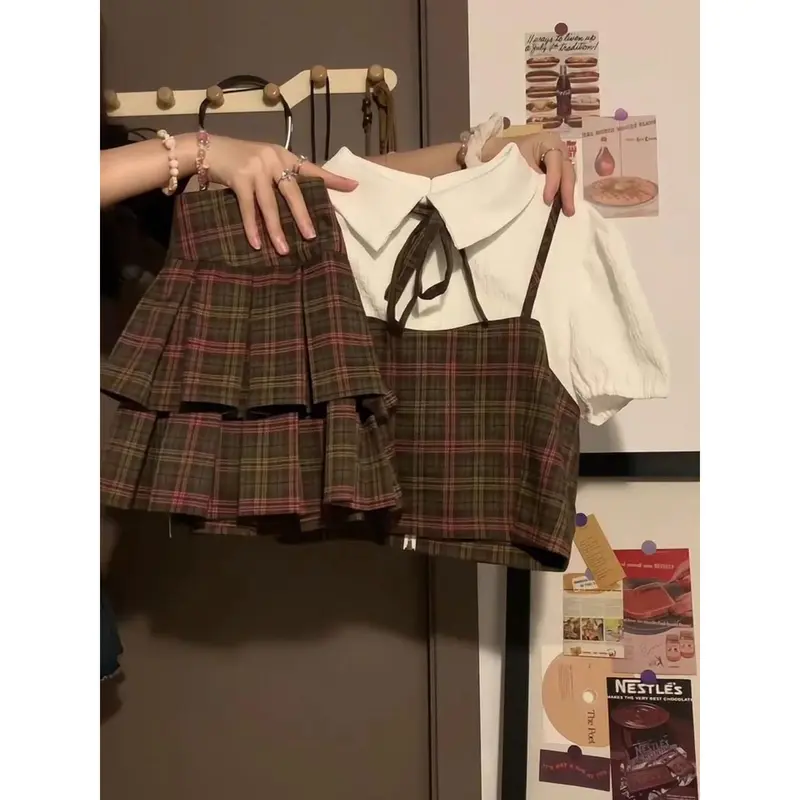 Trang Phục Váy Kẻ Sọc, Phong Cách Preppy Nanyimeng, Cổ Điển Ngọt Ngào Áo Sơ Mi ngắn Tay Giả Hai Mảnh, Váy Xếp Ly Bộ Hai Mảnh Top 7