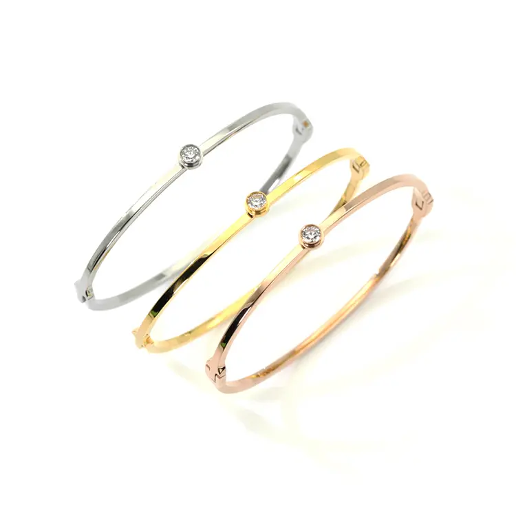 CELOVIS Lux Zirconia with Round Bezel Solitaire on Slim Closed Hinged Bangle in (Rose Gold/ Gold/ Silver)