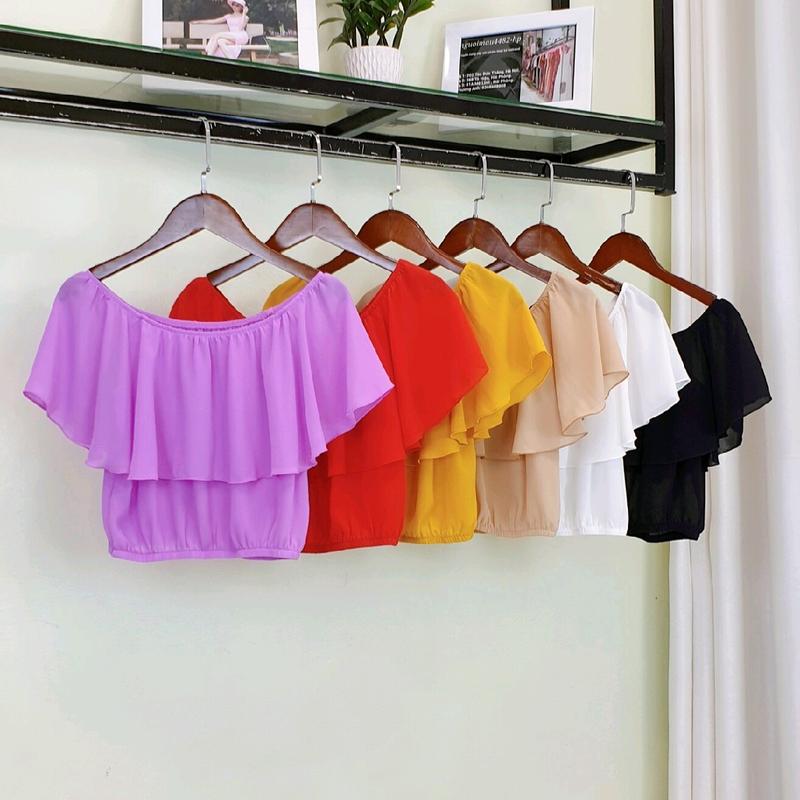 Áo croptop cổ bèo to mặc trễ vai cổ thuyền đều xinh mix đồ đẹp và trẻ trung - Hàng thiết kế may kỹ - Ảnh thật.
