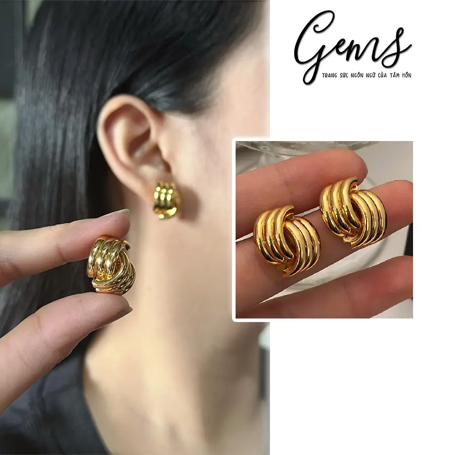 Bông tai TITAN sọc retro, thiết kế sợi xoắn so le, Khuyên tai thiết kế hình học l TIỆM PHỤ KIỆN GEMS