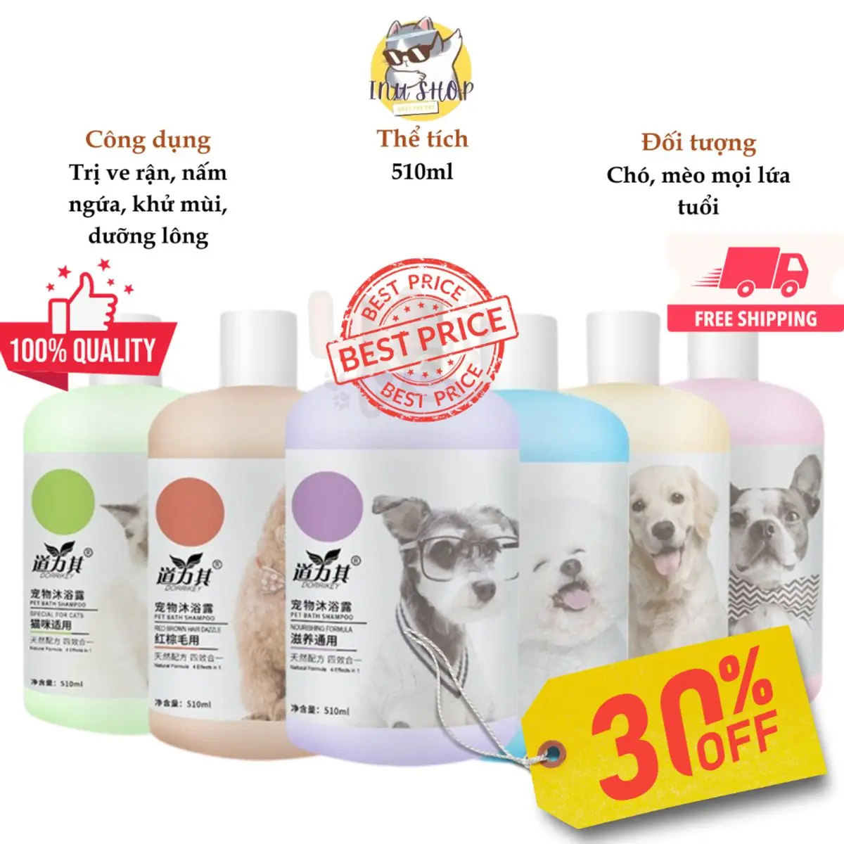 Sữa tắm chó mèo DORRIKEY. Dung tích 510ml loại bỏ ve rận, nấm, ngứa, khử hôi, lưu hương lâu dưỡng mượt lông cho thú cưng