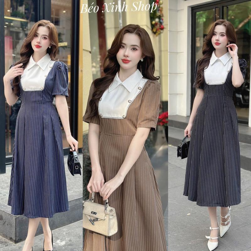  Váy Thời Trang Nữ Lụa Sọc Phối Yếm Vải Cotton Lạnh Cao Cấp Thanh lịch 40 - 95Kg - A.1433 