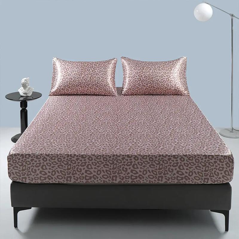 Satin Leopard Print Bedding Set, 3 Counts Including 1 Count Soft Comfortable Fitted Sheet & 2 Counts Pillowcase without Filler, Bed Linens, Room Accessories Bedding Supplies for Home Hotel, Bedroom Decor, Gift for Summer 1
