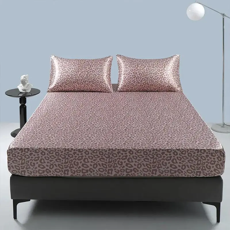 Satin Leopard Print Bedding Set, 3 Counts Including 1 Count Soft Comfortable Fitted Sheet & 2 Counts Pillowcase without Filler, Bed Linens, Room Accessories Bedding Supplies for Home Hotel, Bedroom Decor, Gift for Summer 1