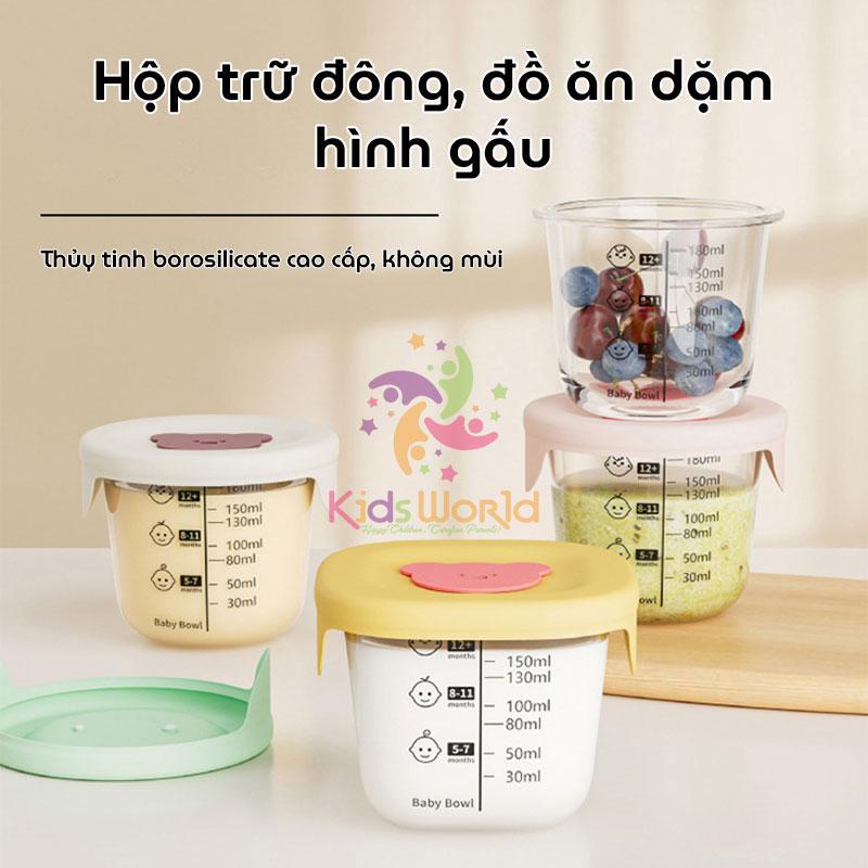 Hũ thuỷ tinh hộp trữ đồ ăn dặm cho bé KidsWorld hình Gấu nắp đậy silicon có vạch chia hộp trữ đông trữ thức ăn cho bé thủy tinh chịu lạnh chịu nhiệt dung tích 180ml có thể chứa đến 240ml
