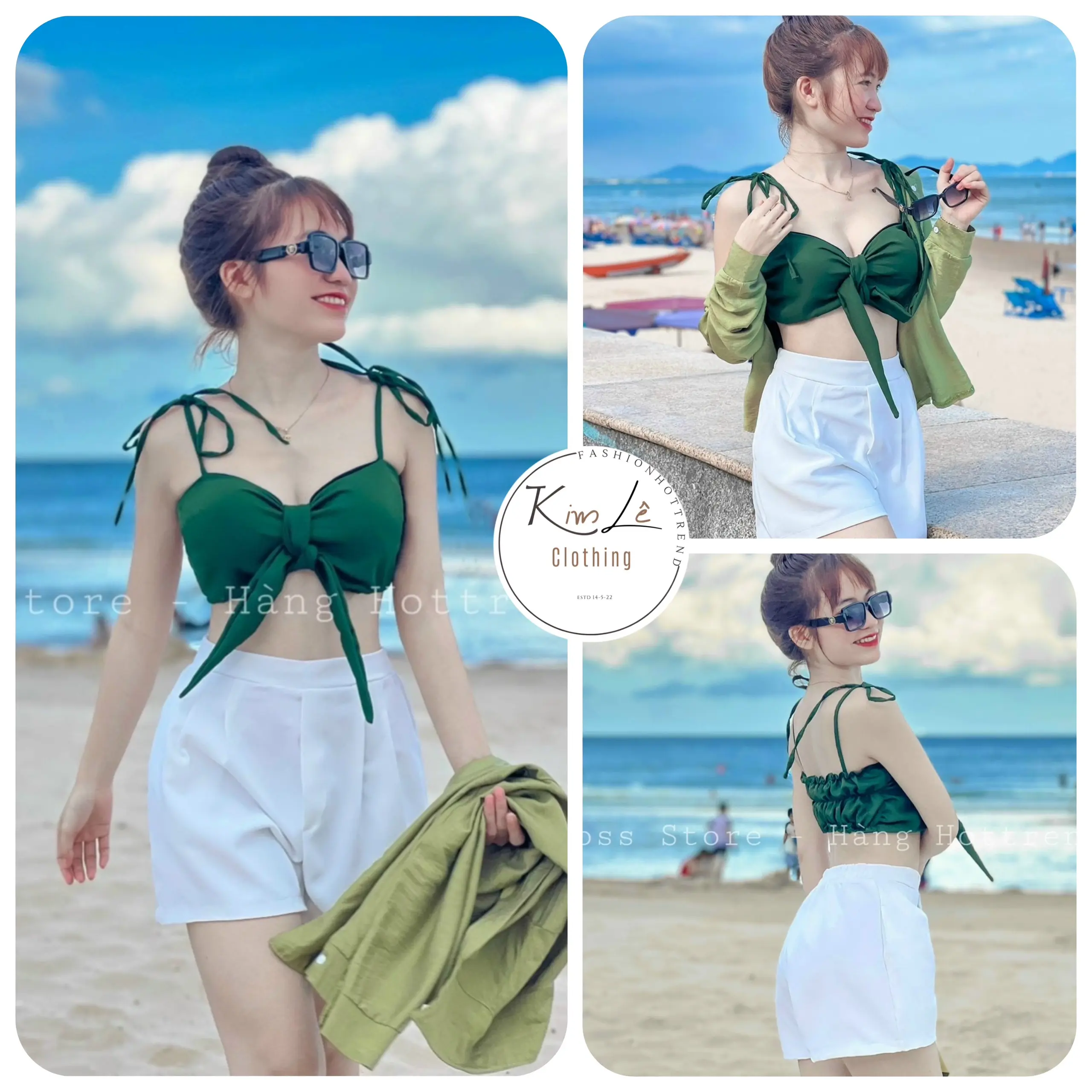 (DƯỚI 53KG) Set Đi Biển 3 Món Áo Cột Nơ phối Quần Đùi Kèm Áo Khoác Voan Siêu Hot ( CÓ MÚT) Freesize <53kg Nữ Women Nữ Women