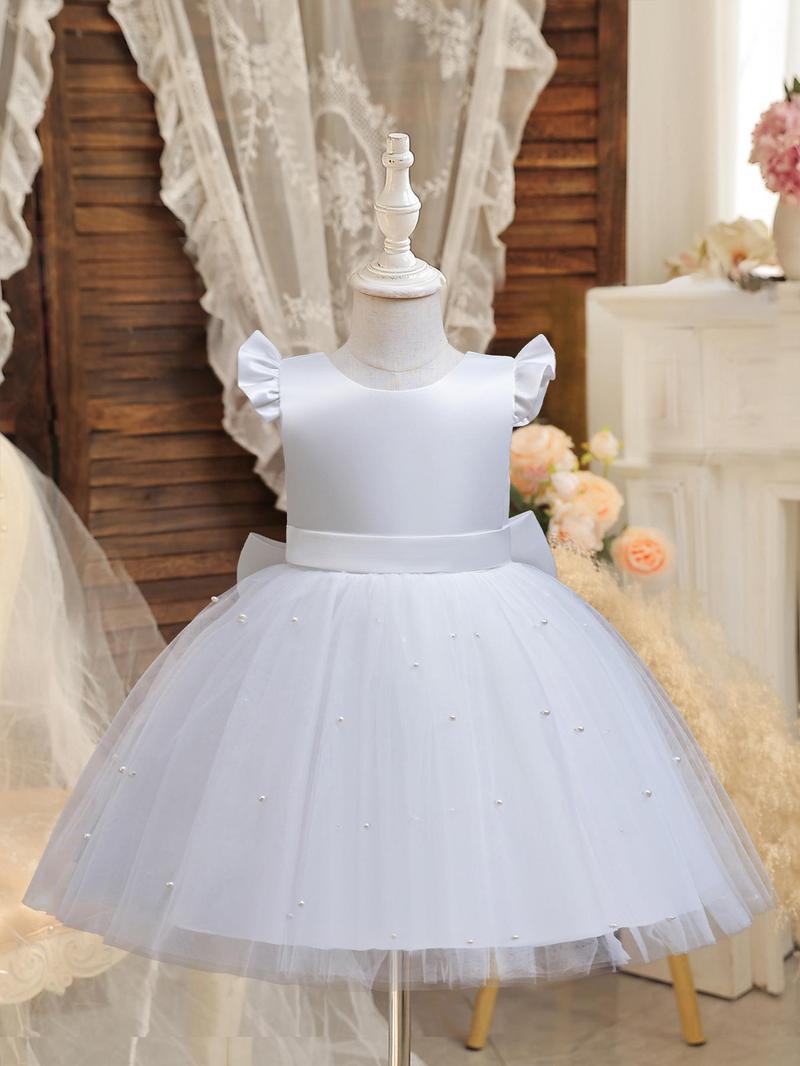 Product Introduction of Girl's Faux Pearls Decor Big Bow Round Neck Dress, Elegant Sleeveless Contrast Mesh Dress for Party Wedding Guest, Kids Summer Clothes 5