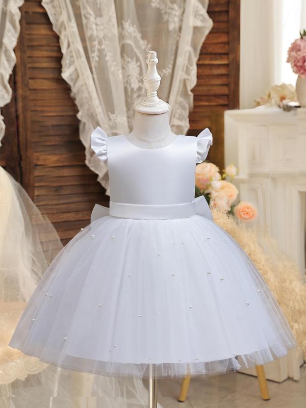 Girl's Faux Pearls Decor Big Bow Round Neck Dress, Elegant Sleeveless Contrast Mesh Dress for Party Wedding Guest, Kids Summer Clothes 4