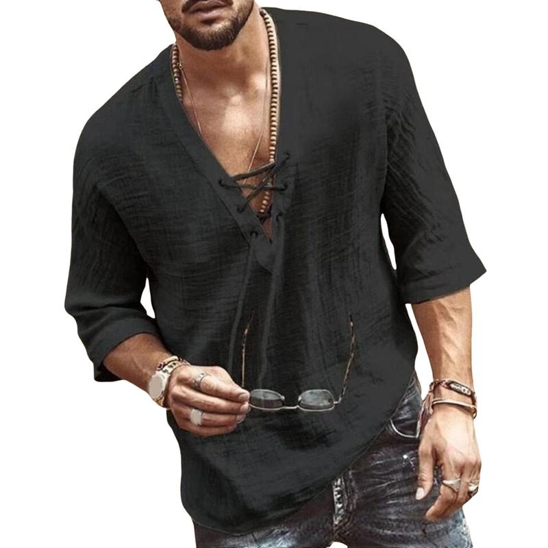 Bvbfzin Men V-neck Shirt Loose Fit Men Top Men's Lace-up V Neck Shirt Retro Style Mid Sleeves Loose Fit Top for Daily Wear in Asia 0