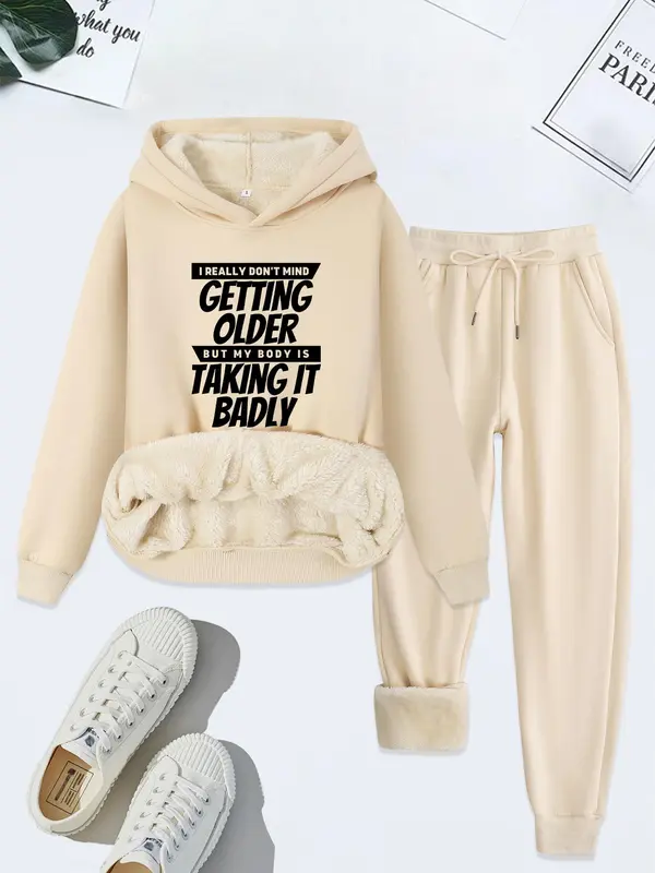 Women's Letter Print Thermal Lined Sweatshirt & Drawstring Waist Sweatpants Two-piece Set, Casual Long Sleeve Hoodie & Pocket Jogger Pants, Women's Fall & Winter Clothes 4