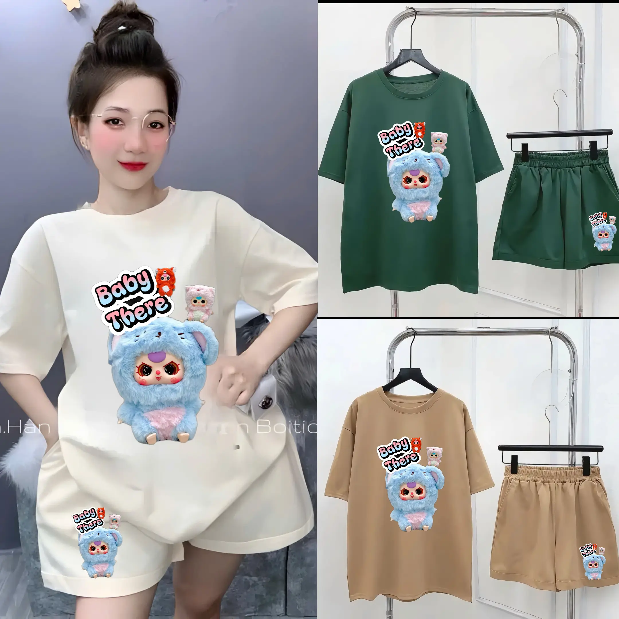 Sét Bộ quần áo Nữ In Hình 5Đ baby,thery (xanh) chất liệu cotong su co dãn 4 chiều