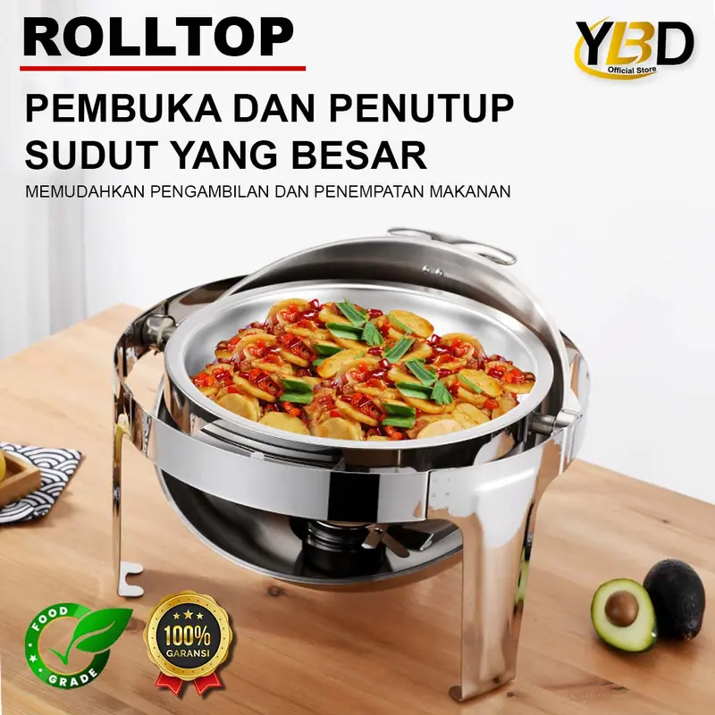 YBD - Prasmanan Roll Top Stainless Steel 6.8 Liter Tutup Stainless & Tutup kaca | Roll top prasmanan bulat Gold & silver | Perlengkapan dapur wadah prasmanan stainless | Tempat makan prasmanan | Roll top wadah makanan peralatan masak Kitchenware 3