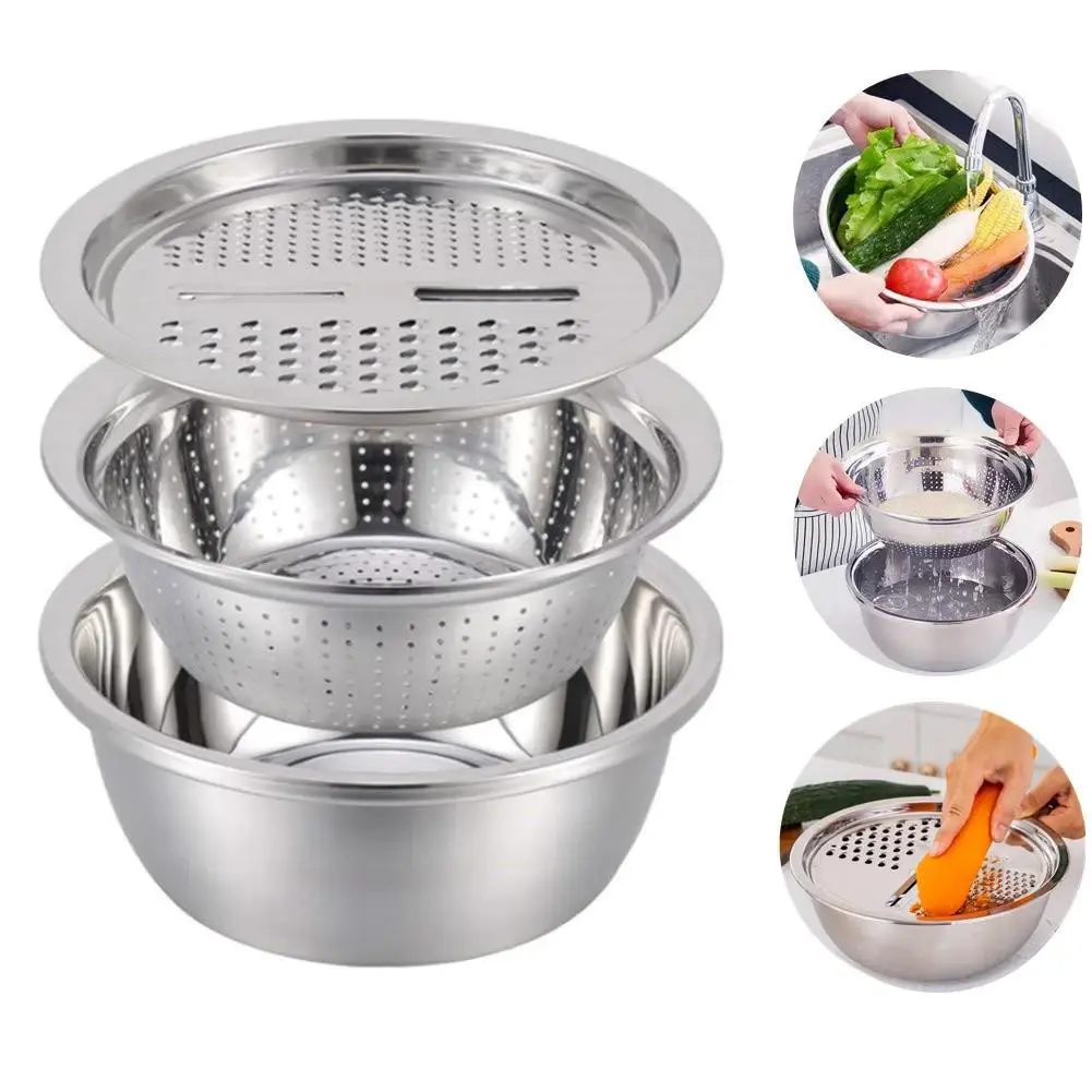 Bộ thau rổ bào  Bộ dụng cụ bào đa năng - Bộ 3 món bào nạo rau củ kiêm rổ và chậu inox cao cấp