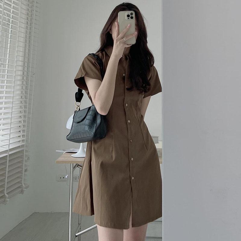 Y#0925-03  Minimalist style lapel dress, Korean version summer single breasted, waist cinching short sleeved shirt dress, solid color dress Casual Womenswear Lingerie Gowns Basic Women Lady Casual Wear Comfort Dresse Button 3