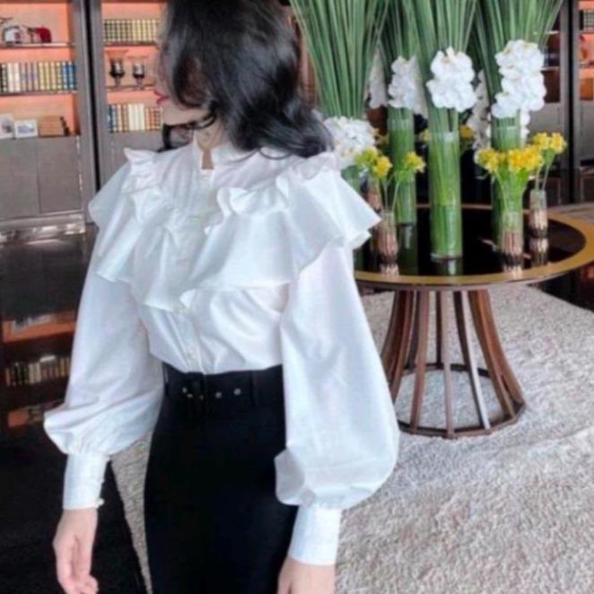 Áo Sơ Mi Nút Ngọc Bèo Tầng Cổ Trụ .Mã 496..freesize 41<62kg Top Nữ Women Cổ Tròn Trắng Shirt