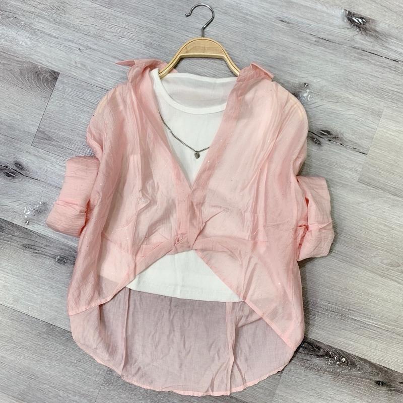 ￼[KÈM ÁO 3LO ] Áo sơ mi nữ tà xoắn cổ bẻ tay dài phom rộng chất lụa tơ [KIM TUYẾN] phom rộng freesize kèm dây xích
