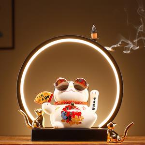 Lucky Cat Figurine Waving Hand Style LED Light Circle Fortune Cat Ceramic Store Business Prosperity Gift for Living Room Opening Cat