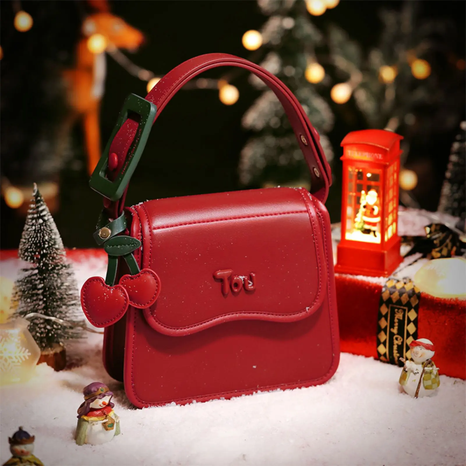 TOUTOU Women Square Bag Red Adjustable Shoulder Strap Handbag Cherry Pendent Makeup Cosmetics Bag Female Birthday Gift 40705