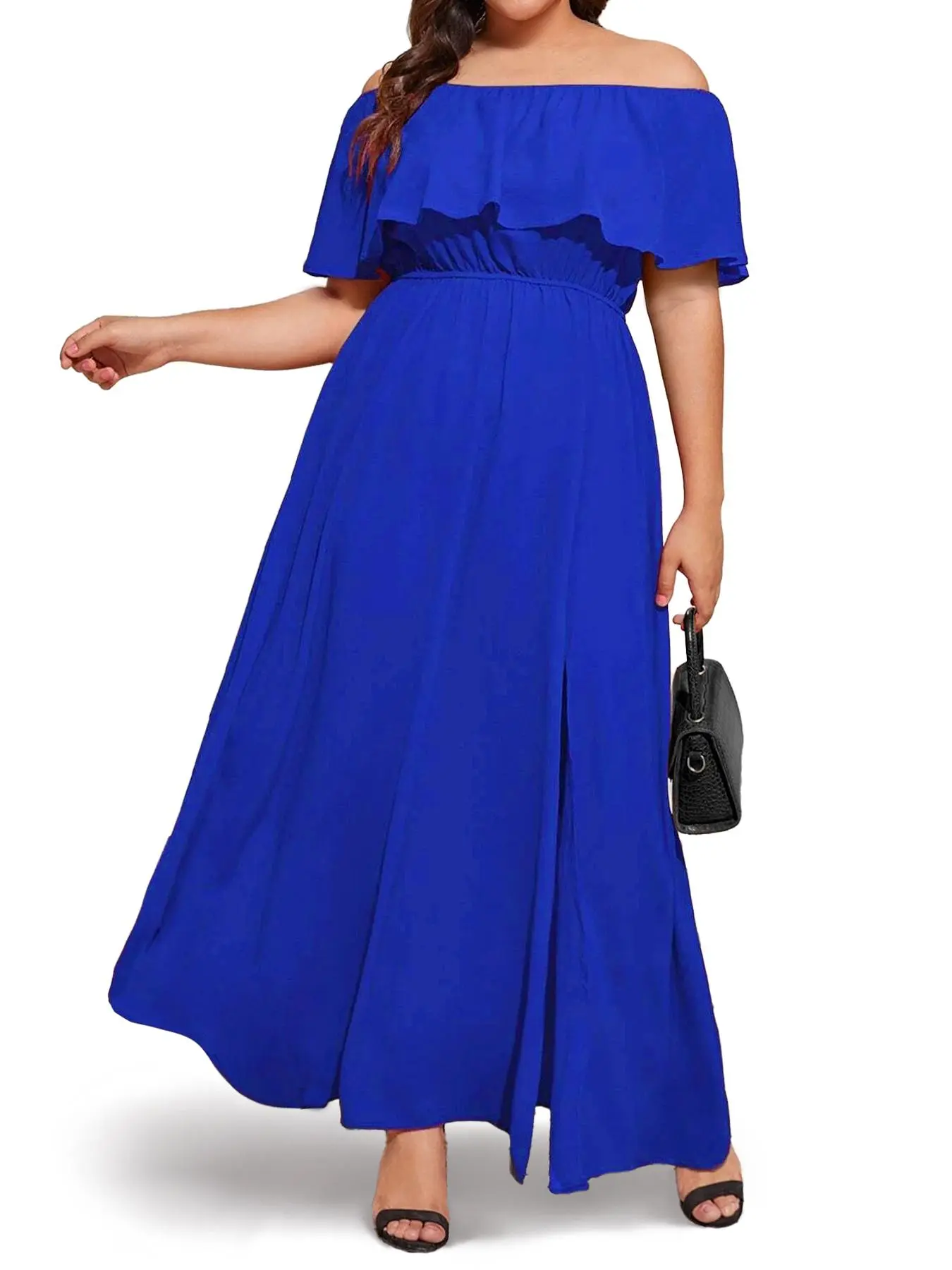【Plus Size】 Solid Off The Shoulder Dress, Plus Elegant Dress for Party Holiday Wedding Guest, Women's Plus Clothes for Summer