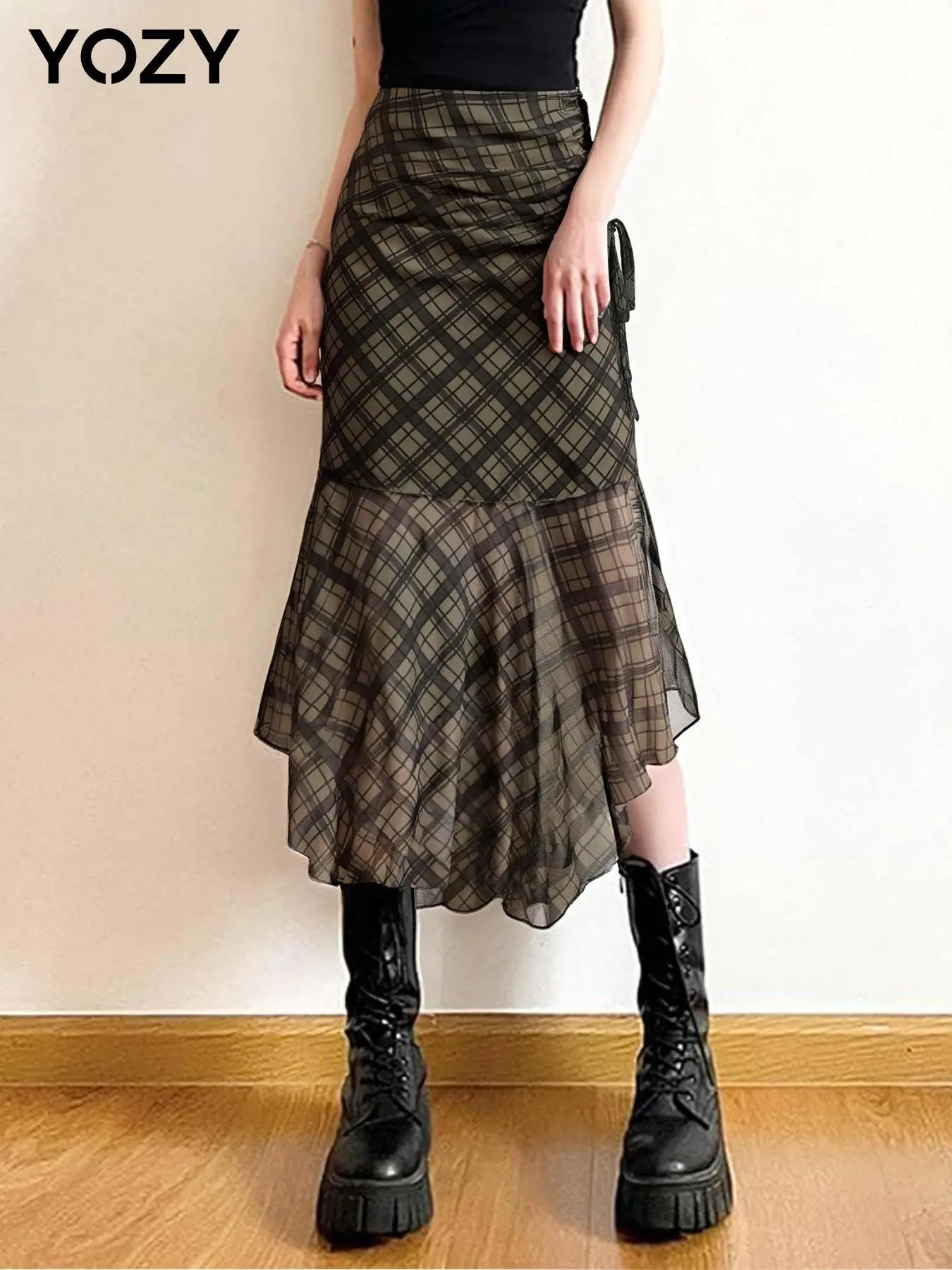 YOZY Women's Plaid Print Ruched Drawstring Side Skirt, Elegant Fashion Asymmetrical Hem Skirt for Daily Outdoor Wear, Women's Bottoms for Spring