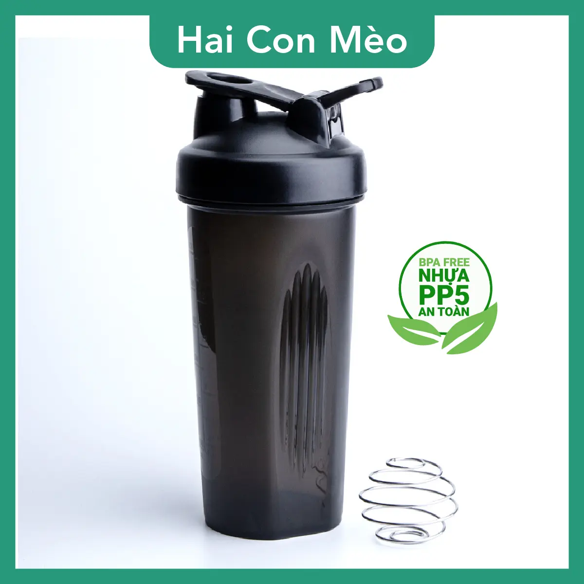 Bình lắc shaker whey 650ml tặng kèm bóng lắc inox đen trơn Sport