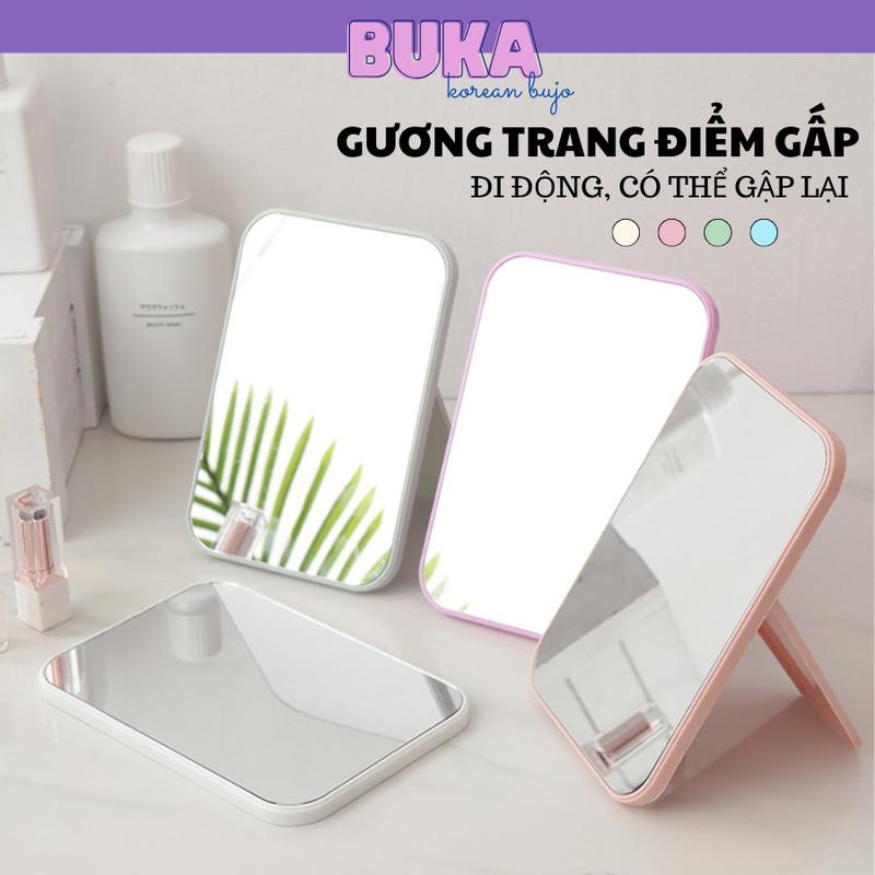 Gương mini Buka để bàn, cầm tay tiện lợi gương trang điểm nhiều màu dễ thương