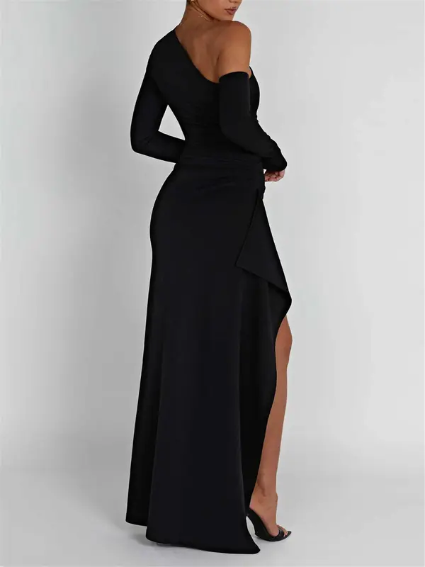 Women's Split Thigh Ruched Asymmetrical Neck Bodycon Dress,  Wedding Dress, Formal Basic Sexy Comfort Long Sleeve Solid Maxi Dress, Lady Clothing for Spring & Fall, Womenswear 1