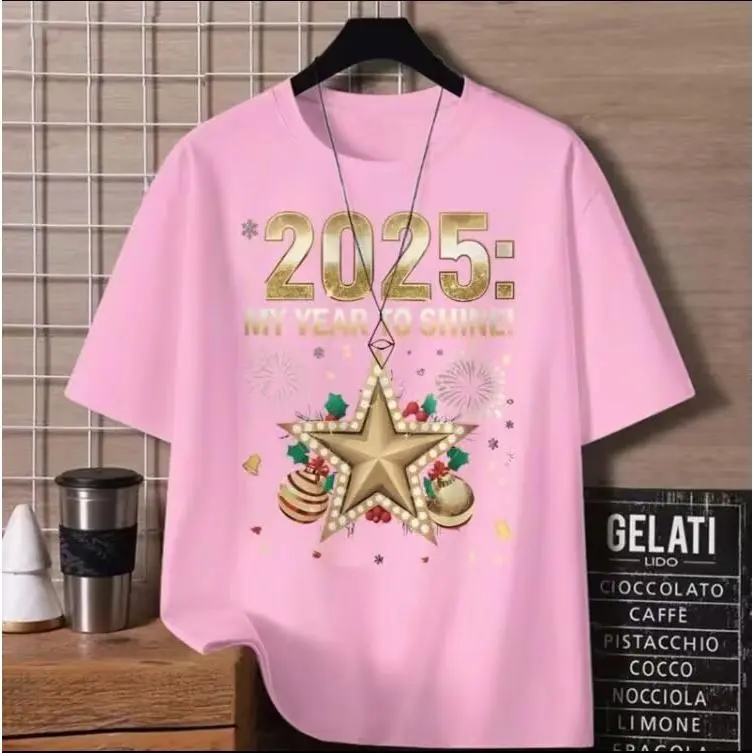 Men'S T Shirts 2025 Happy New Year Short Sleeved Tops Casual Comfortable Family Shirts Set Outdoor Round Neck Jersey