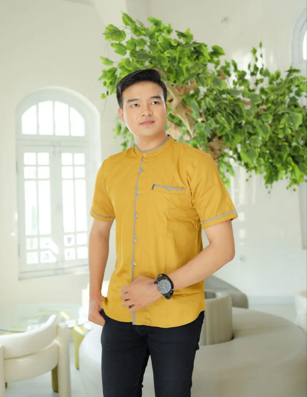Baju Koko Pria Lengan Pendek Lipat Elrumi Motif Sakha Polos
