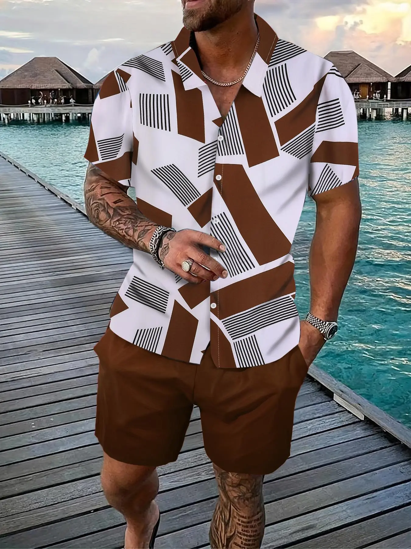 Two-piece Set Men's Geometric Print Short Sleeve Shirt & Solid Color Drawstring Waist Shorts, Regular Fit Casual Fashion Button Front Collared Top & Pocket Shorts for Summer, Men Clothes Set for Beach Vacation