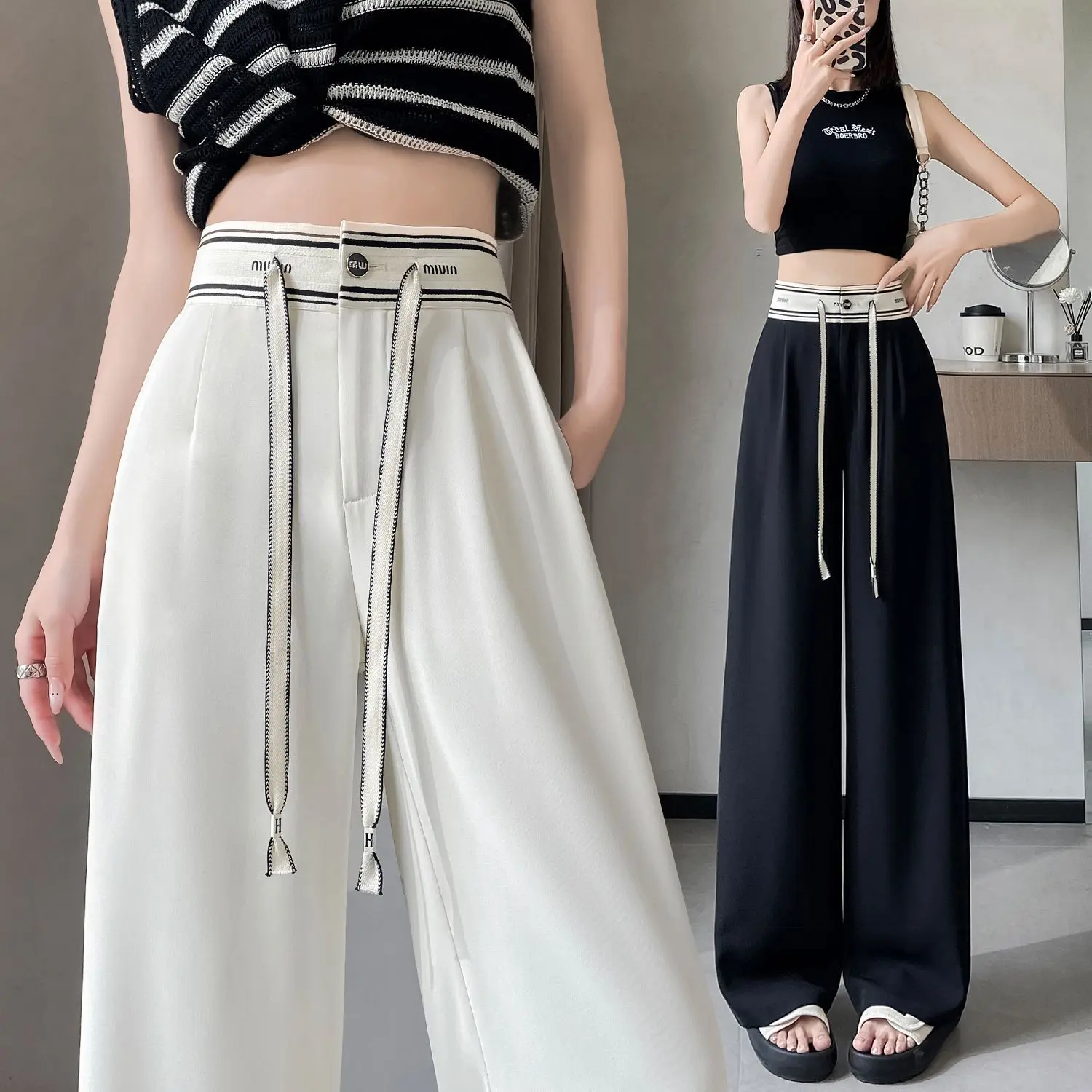 Quần Ống Rộng, Màu Tương Phản Khâu, Dành Cho Nữ, Mùa Xuân Và Mùa Thu, Làm Bằng Lụa Lạnh, Độ Bền Cao, Màu Trơn Thiết Kế Đẹp, Cạp Cao, Kiểu thụng, Quần Thường Ngày Women Ong