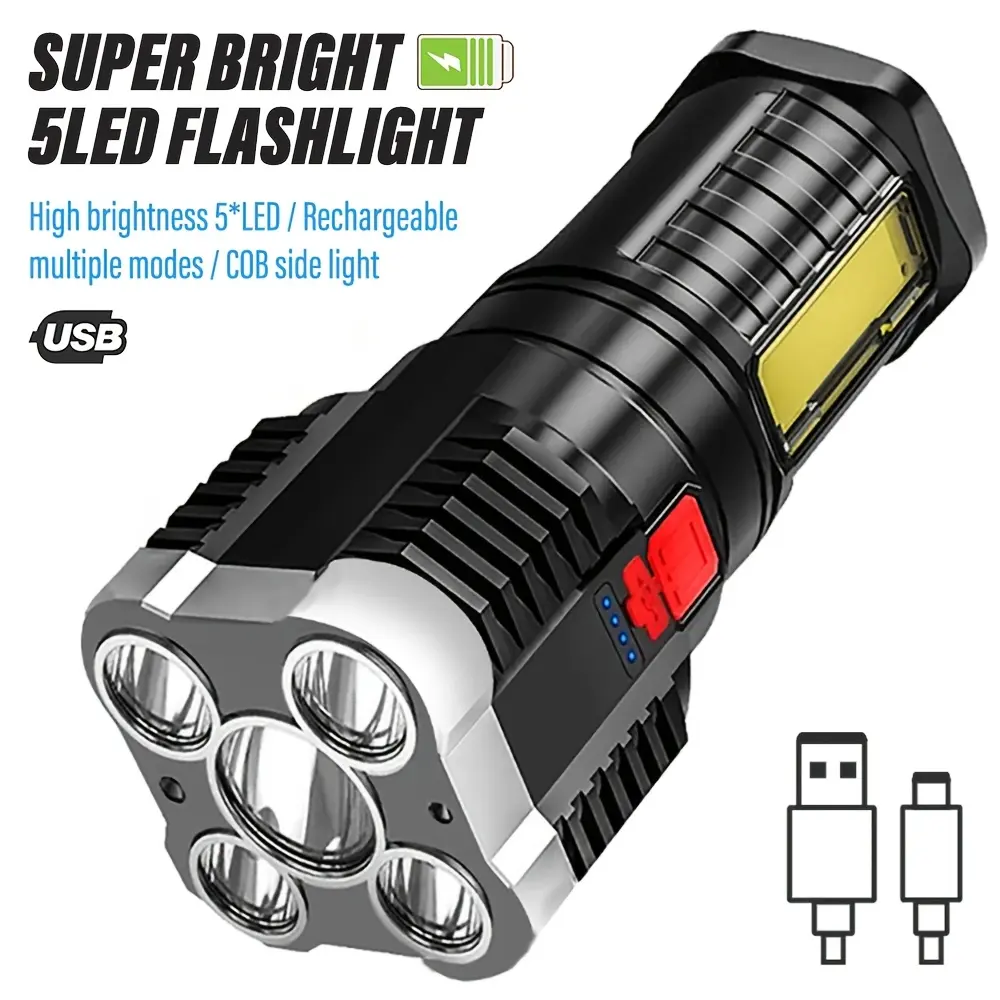5 High-Power LED Flashlights, Rechargeable Camping Lights, Featuring a COB Side Light And 4 Lighting Modes, Suitable for Camping, Exploration, Hiking, Outdoor Activities, Etc.