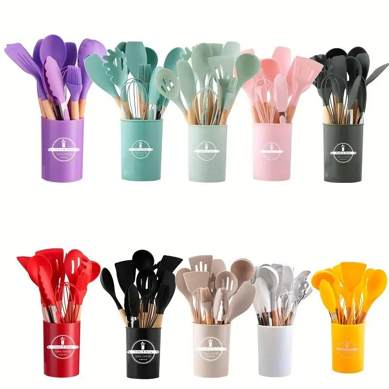 Wooden Handle Silicone Kitchenware Set, 12pcs/set Non-stick Cooking Utensils Set, Kitchen Cooking Utensils Set, Household Kitchen Products 6