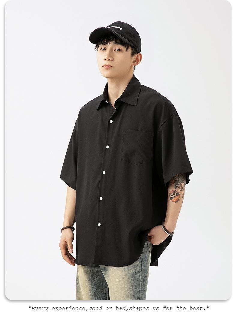 Product Introduction of Korean Men's Smooth Draping Short-Sleeved Shirt Men's Summer New Pure Color Couple Casual Loose Shirt Jacket Menswear Top Lingerie Human Oversize Plain Beige Baggy Vintage Tights Collar Collared Tropical 12