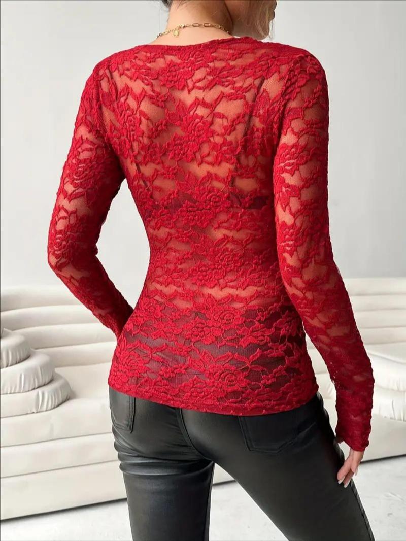 Product Introduction of Women's Plain Contrast Mesh Scallop Trim Sheer Lace Top, Casual V Neck Long Sleeve Top for Party Holiday Vacation, Ladies Clothes for All Seasons Valentine's Day, gift 16