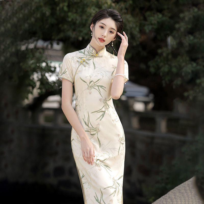 Sườn Xám Trung Quốc Mới, Phong Cách Nữ Mùa Hè Hàng Ngày, Loại Dài Sửa Đổi, Thanh Lịch Cao Cấp, Làm Bằng Satin, Thích Hợp Cho Người Trẻ, Phong Cách Quốc Gia, Hàng Mới Về Năm 2024 4
