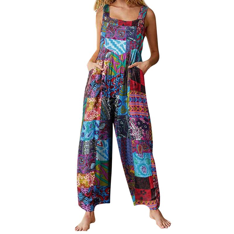 Women Jumpsuits Summer Overalls Multicolor Ethnic Style Square Neck Sleeveless Casual Rompers with Pockets for Girls Playsuit 5