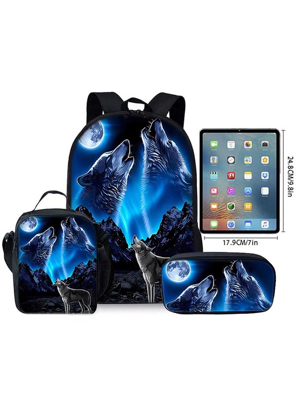 Wolf Pattern Backpack & Lunch Bag & Pencil Case Set, Casual Versatile Backpack Set for Women & Men, Trendy All-match Bag Set for Daily Use 5