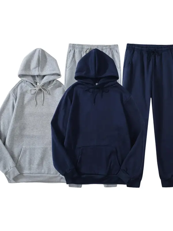 Men's Solid Two-piece Outfits, Regular Fit Casual Drop Shoulder Hoodie & Drawstring Sweatpants, Men Outfits for Fall & Winter, Airport Outfit, Matching Sets for Men, Premium Fabric 5